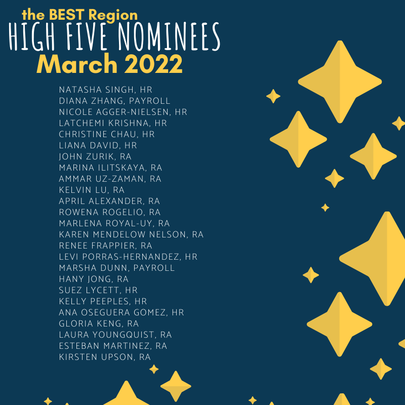 A picture of the list of High Five nominees for the BEST region